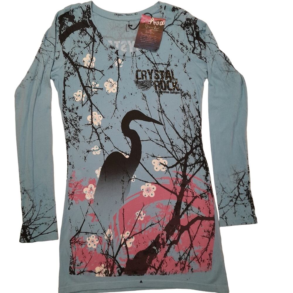 Christian Audigier Light Blue Long Sleeve Graphic Top with Black & Pink Print